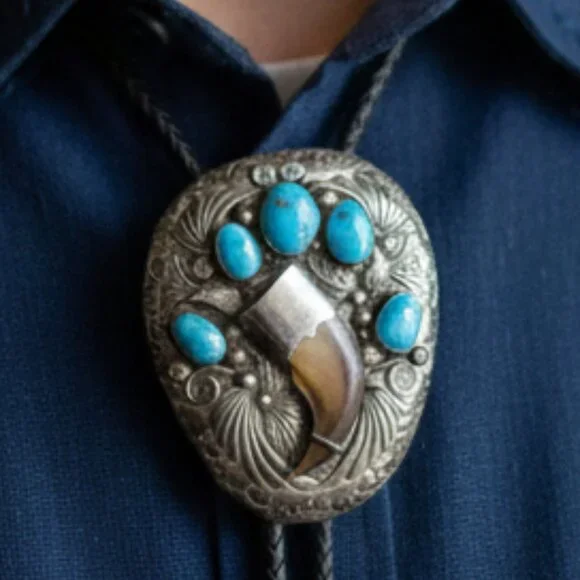Vintage sterling silver and turquoise Native American bolo tie by Raymond Yazzie - Picture 5 of 8